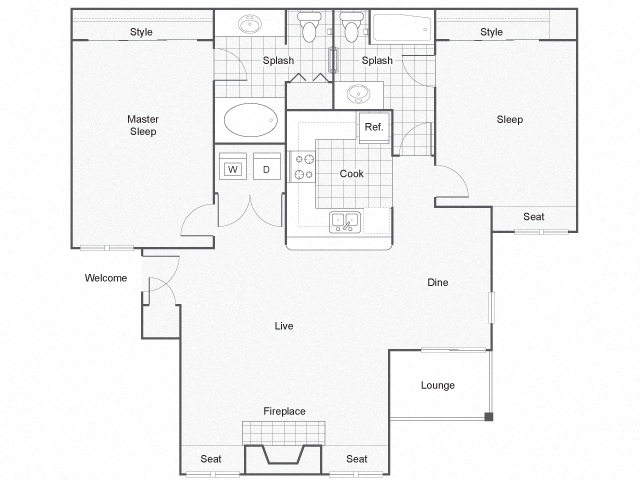 Floor plan for 2 beds, 2 baths, 1070 sqft